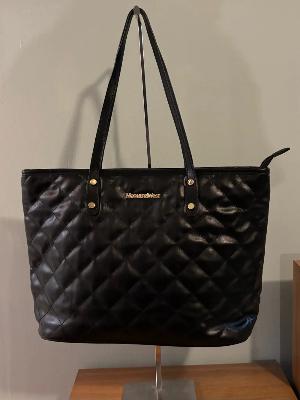 Montana West Black Quilted Tote interior zippered pocket and two slip pouches